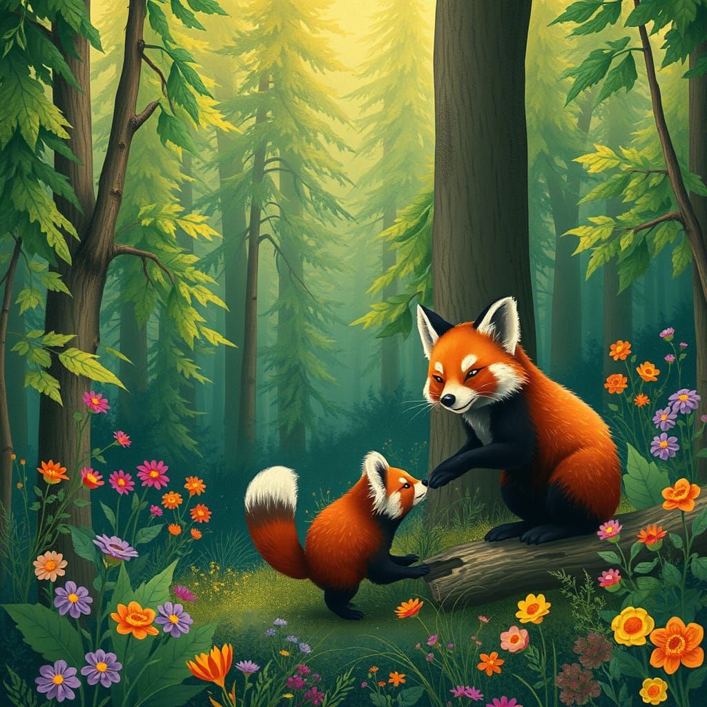 Fox and Red Panda Play in Lush Forest