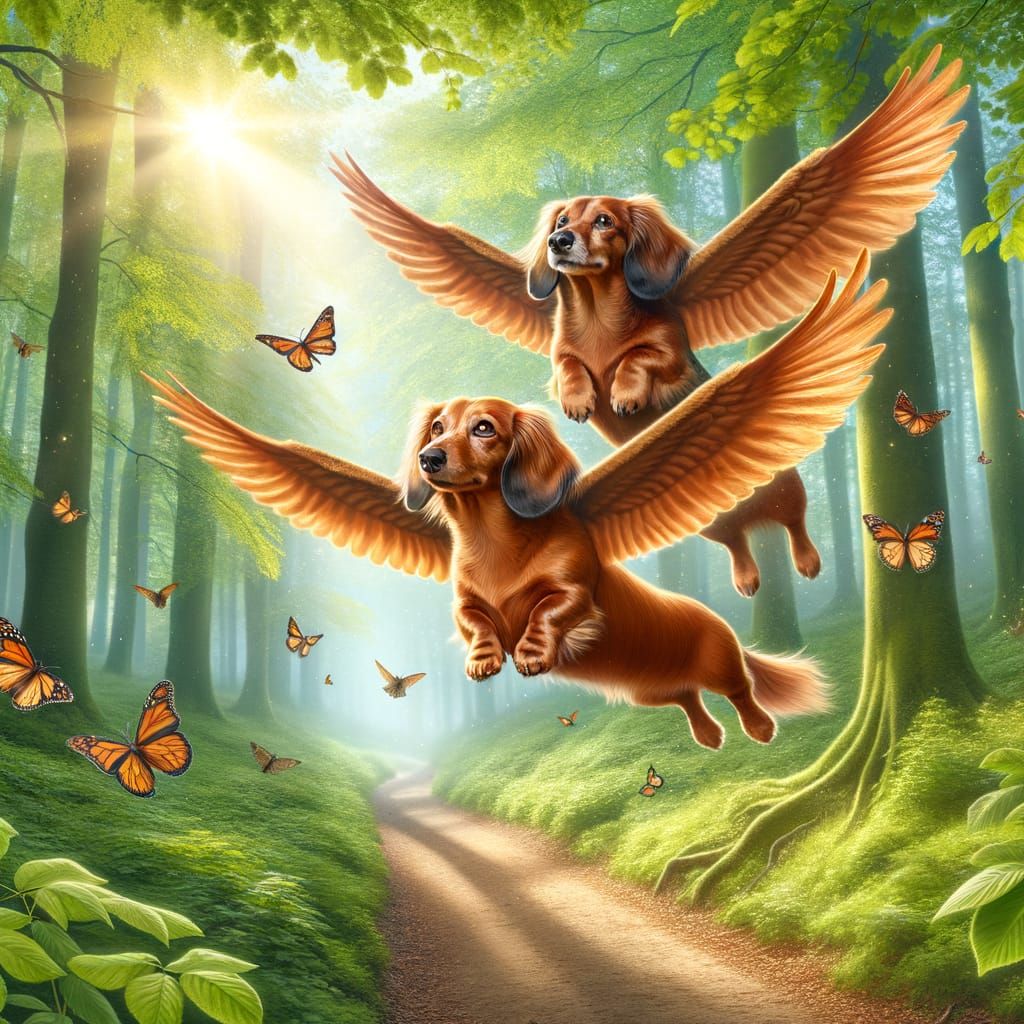Flying Dachshunds in Summer Forest Scene