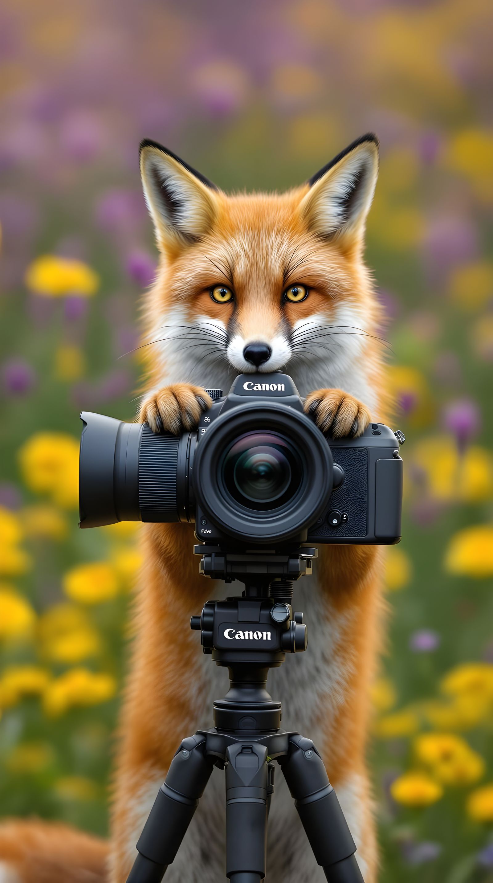 Red Fox Photographer in a Vibrant Floral Setting