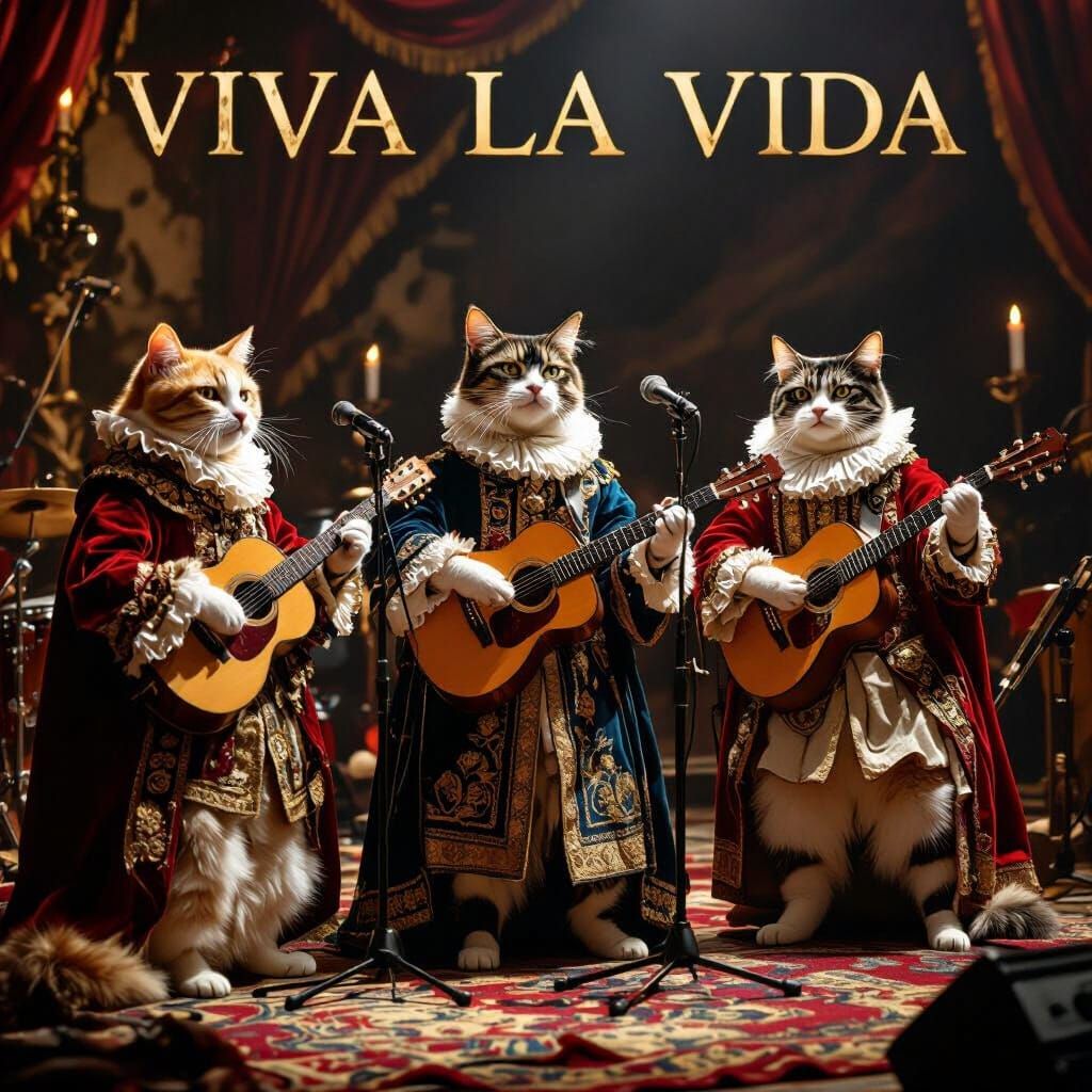 Cats as Coldplay on Baroque Stage in Viva La Vida Style