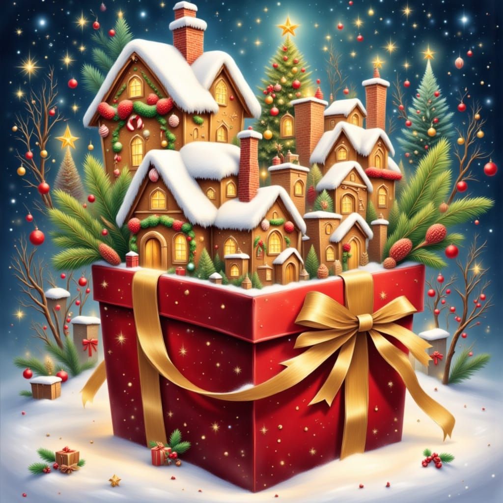 Magical Gingerbread Village in Gift Box, Painterly Winter Sc...