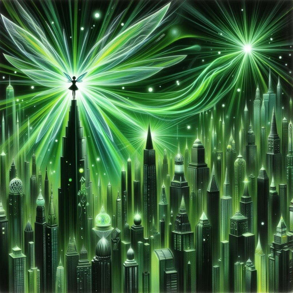 Green Fairy Overlooks Neon City, Art Nouveau Style