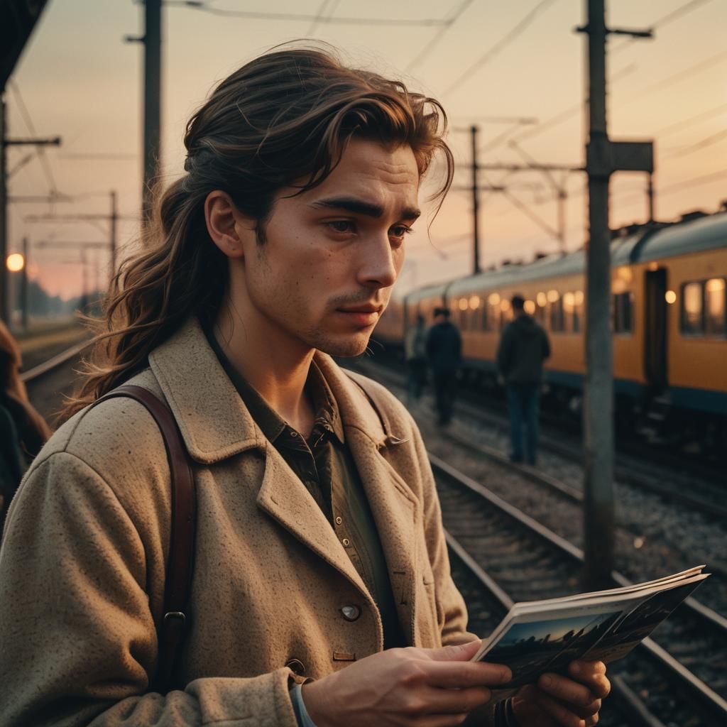 Man's Emotional Farewell: Cinematic Film Still