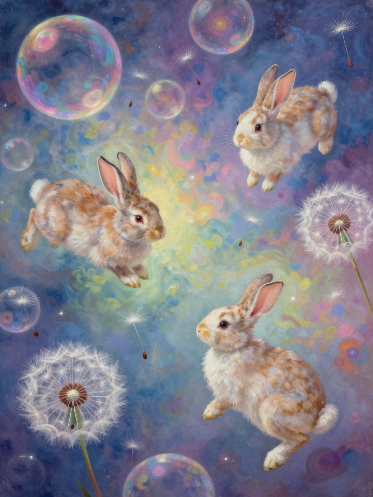 Whimsical Rabbits Float Through Dreamlike Galaxy Sky