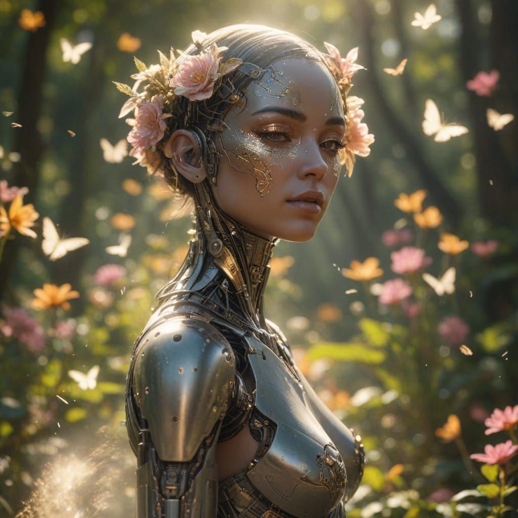 Cyborg in Sunlit Glade: Cyberpunk Digital Art