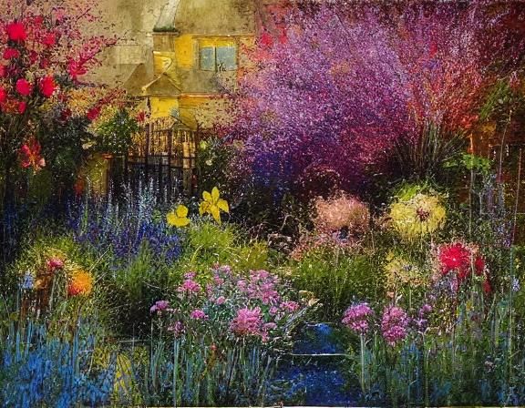 Sunlit Garden Between Dark Houses: Watercolor Style