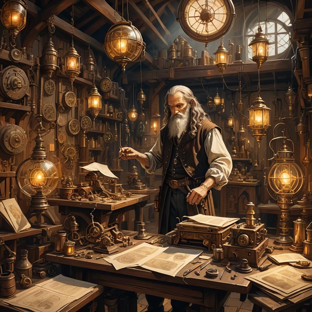 Steampunk Leonardo da Vinci in Mystical Workshop