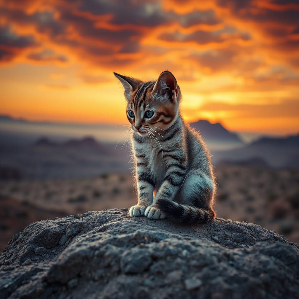 Desert Sunset Kitten in Hyperrealistic HDR