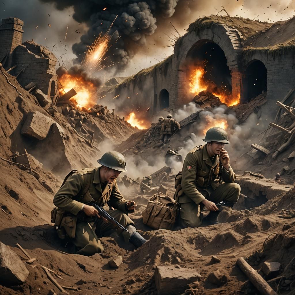 World War II Soldiers in Foxhole, Detailed Matte Painting