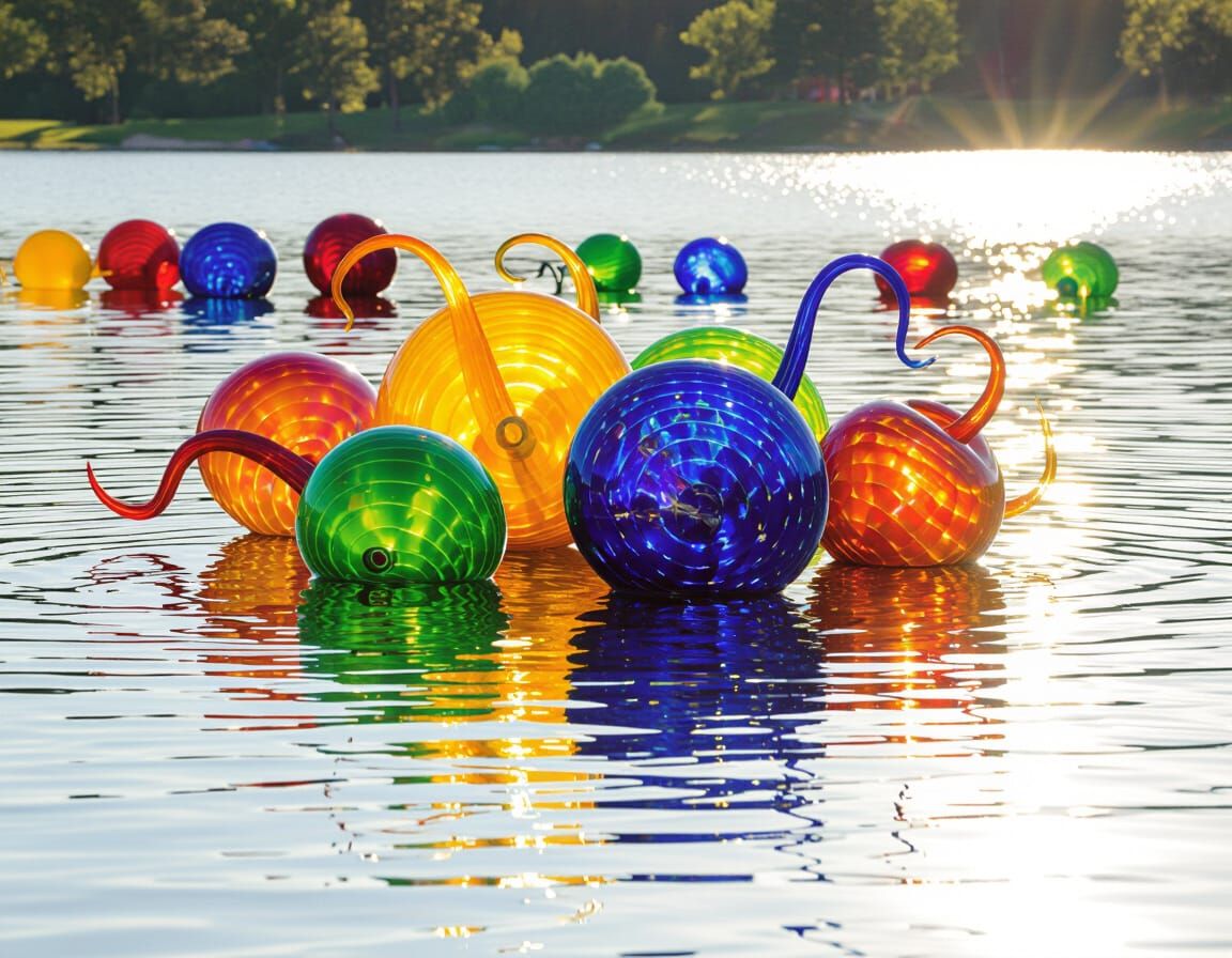 Glowing Chihuly Glass Sculptures on Serene Lake