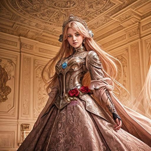 Pink-Haired Cyborg Girl in Brocade Gown