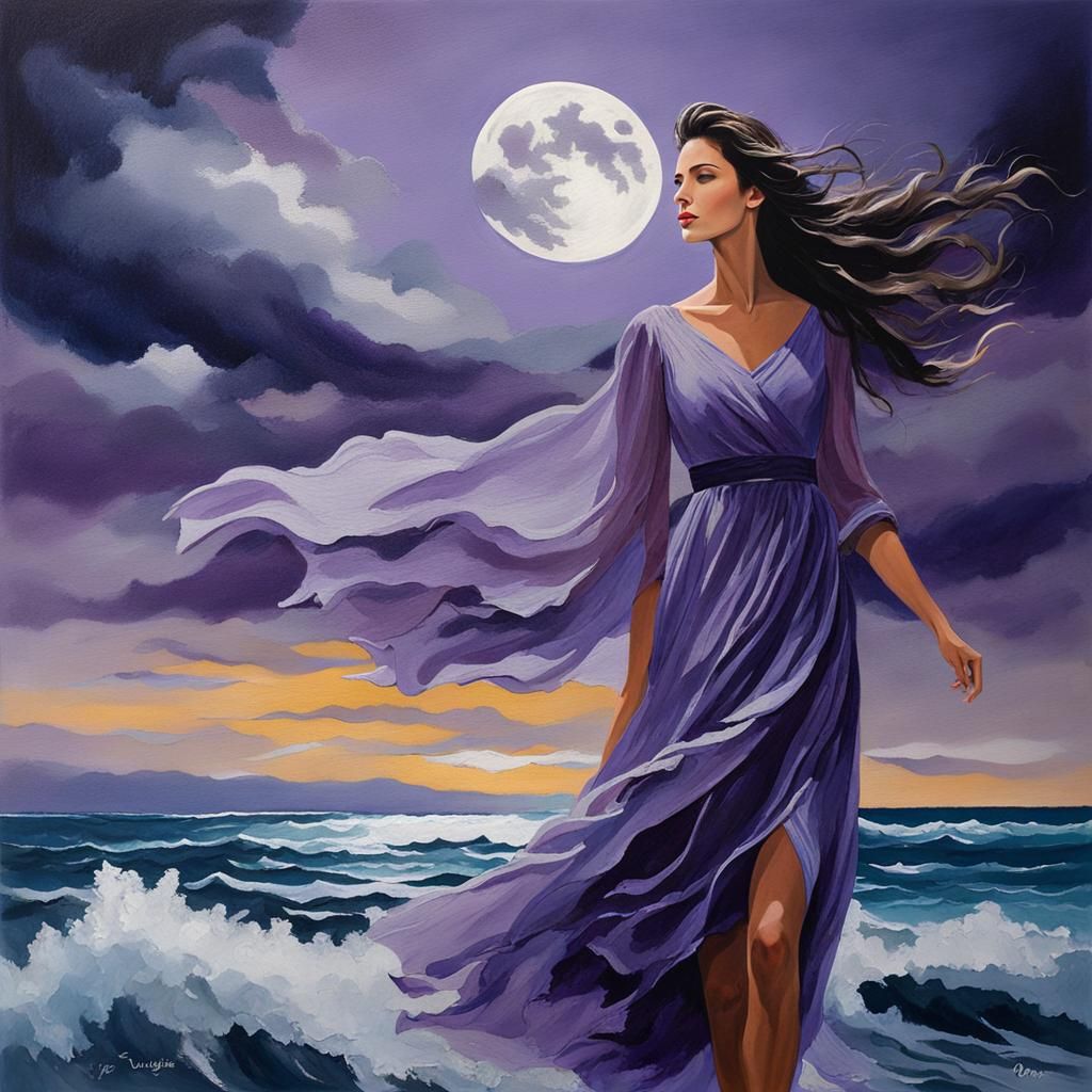 Woman in Purple Dress by Ocean, in Painterly Style