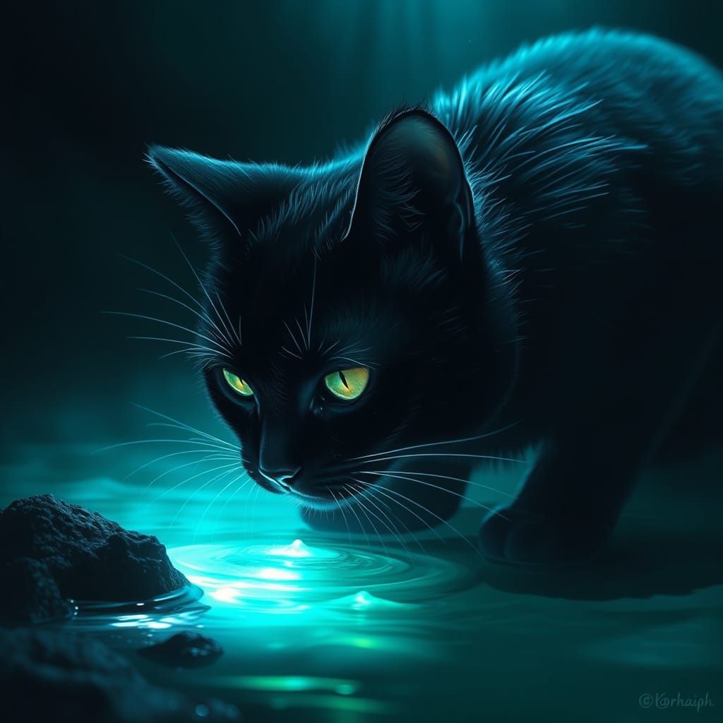 Black Cat Sipping Luminous Water in Sci-Fi Style