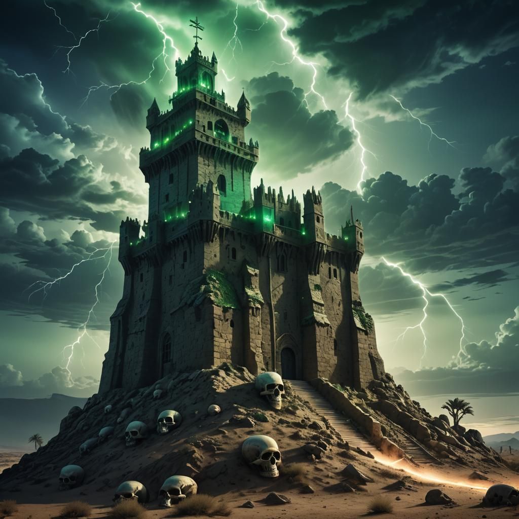 Macabre Skull Tower with Laser Beams in Dark Fantasy Style