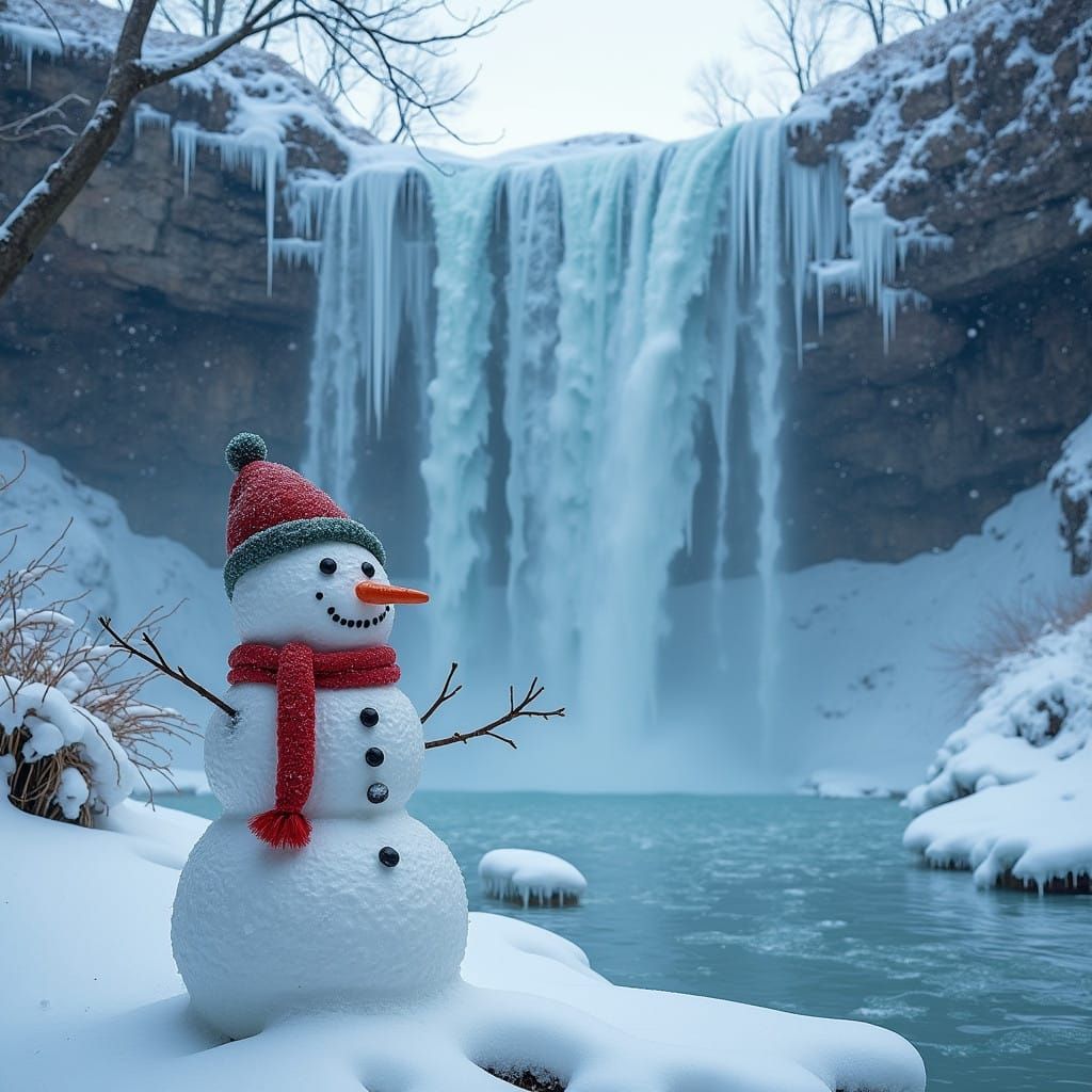 Winter Wonderland Frozen Waterfall with Festive Snowman