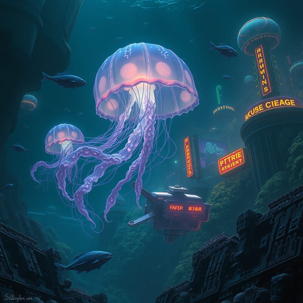 Bioluminescent Jellyfish Illuminates Sunken Cyberpunk City