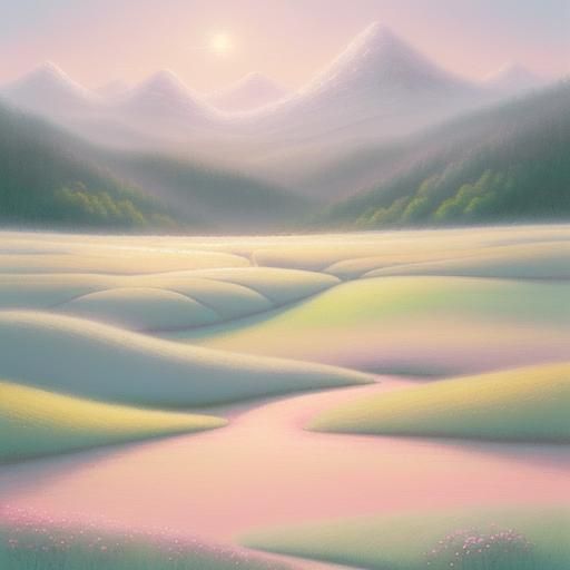 : "A soft, pastel landscape depicting a sense of pure joy an...