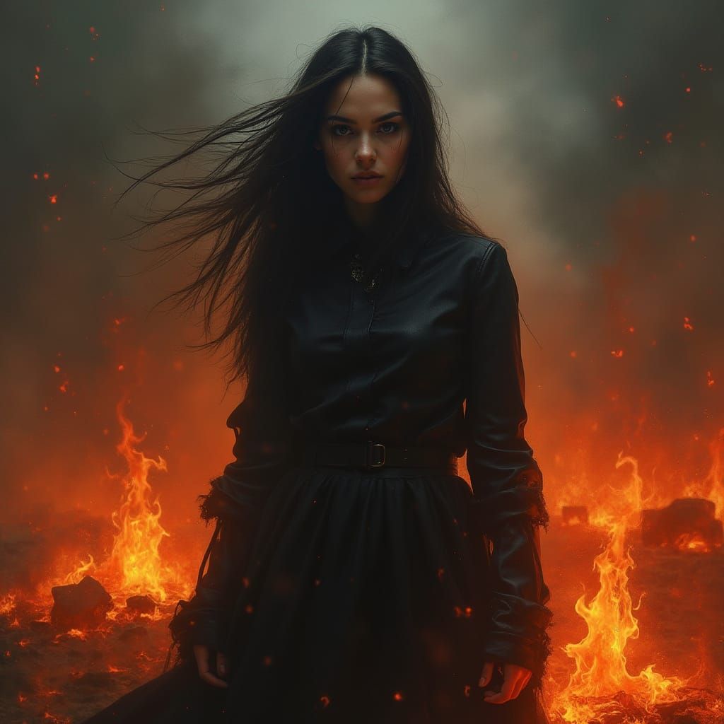 Serene Figure in Apocalyptic Flames