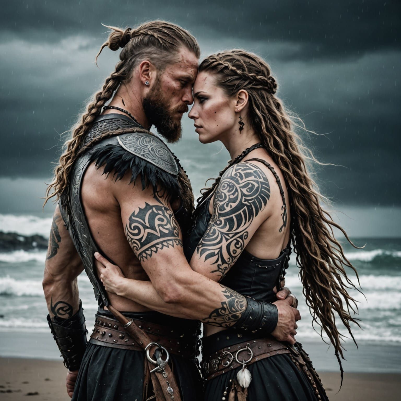 Viking Lovers Embrace on Stormy Beach in Gothic Norse Style