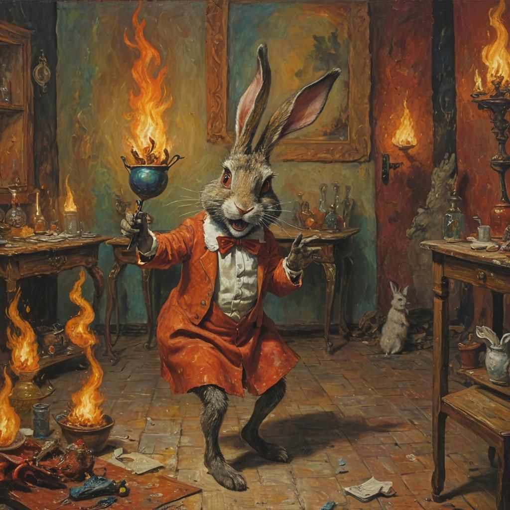 Crafty Rabbit Dances in Hellish Kingdom: Surreal Oil Paintin...