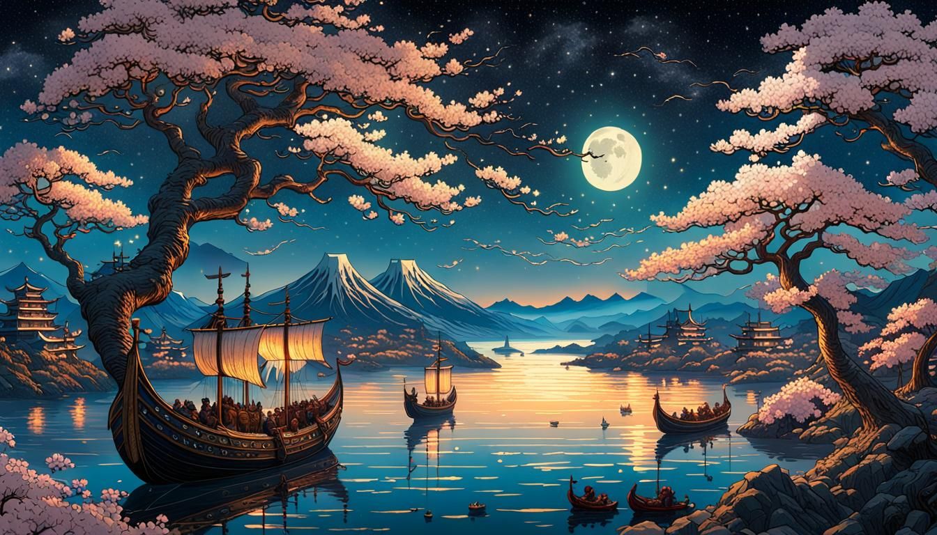 Viking Ships in Starry Japanese Landscape
