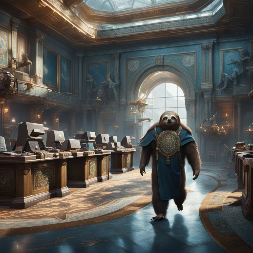 Sloths Running a Diplomacy Center in Detailed Digital Art