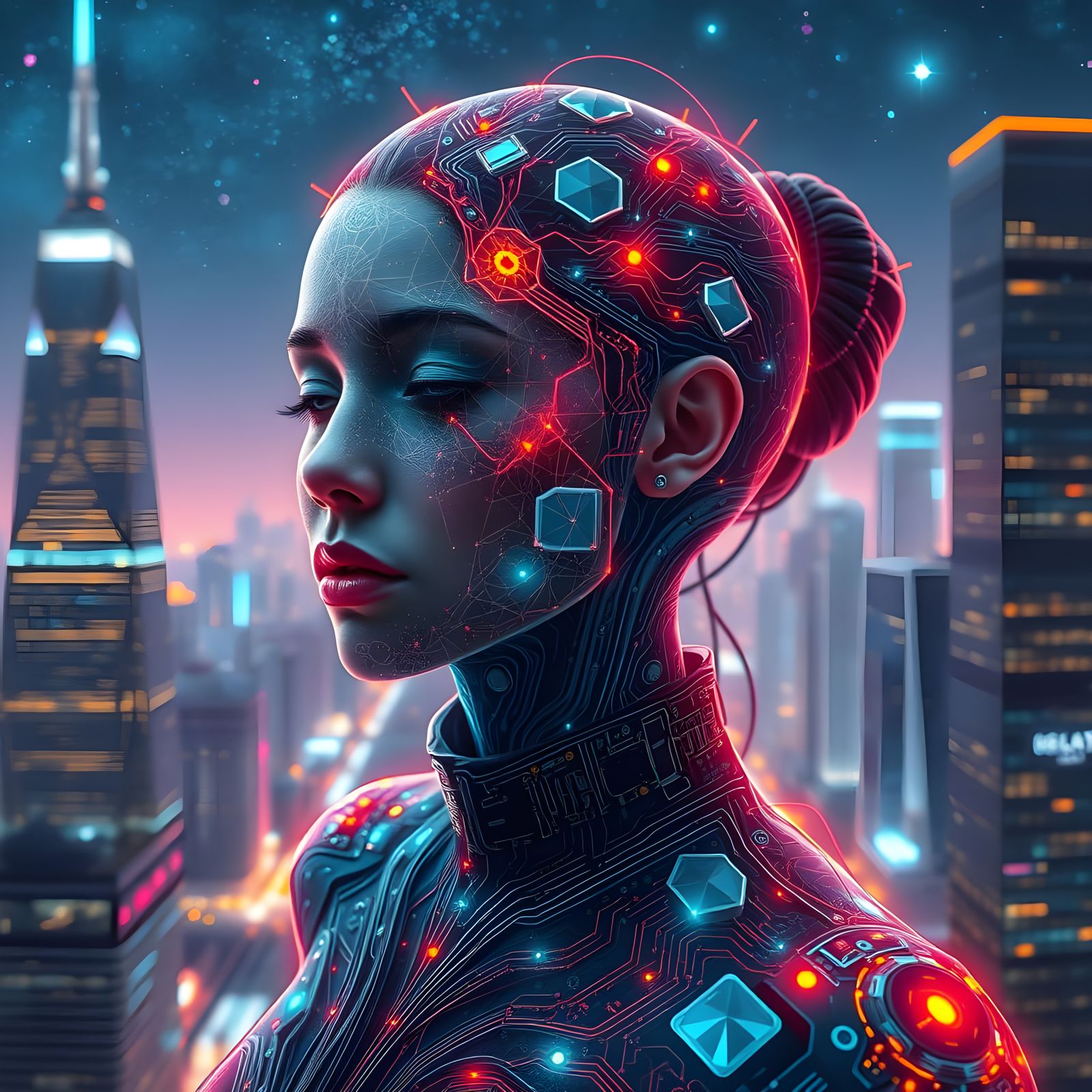 Ethereal Cityscape with Futuristic Woman in Glowing Neural N...
