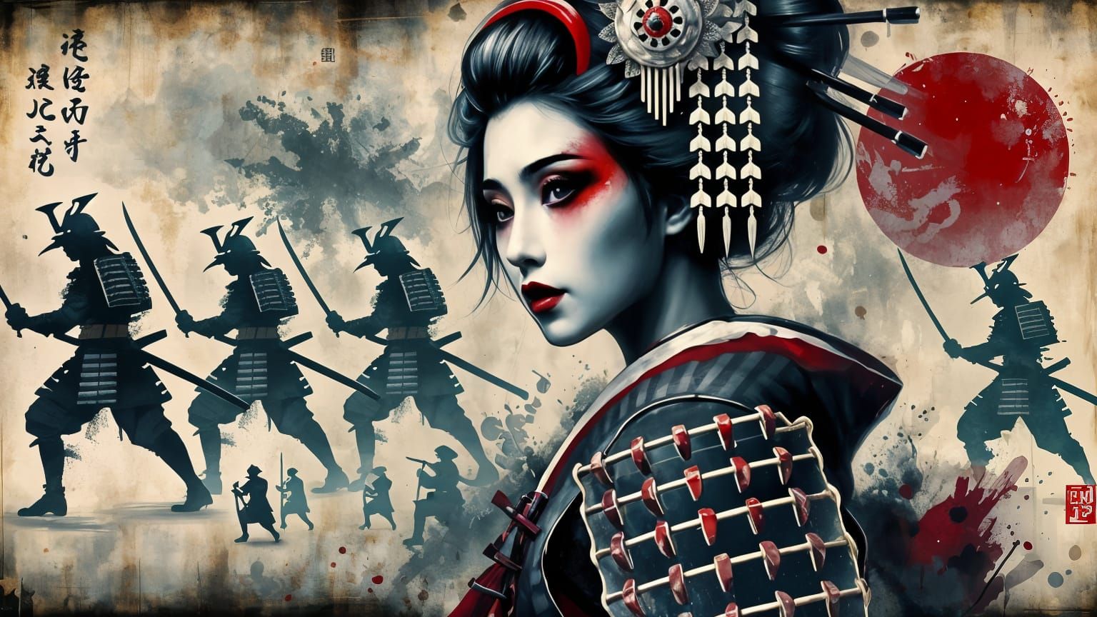 Samurai Geisha in Sumi-e Style