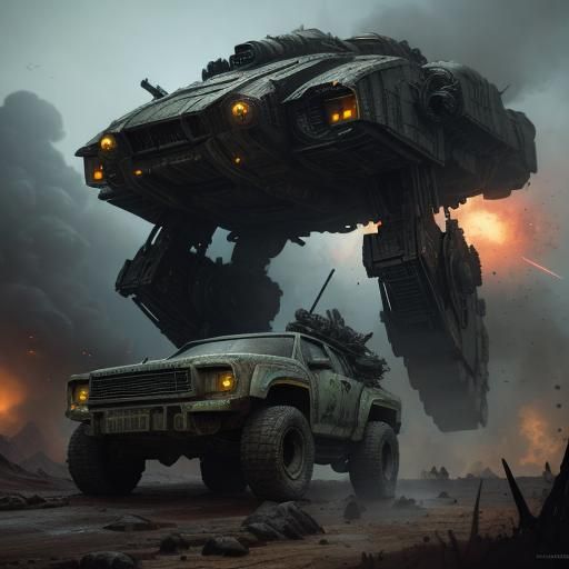 Armored Vehicle Amidst Alien Invasion: Cinematic Matte Paint...