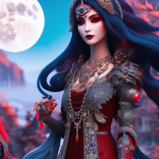 Red and Blue Moon Goddess in Gothic Art Style