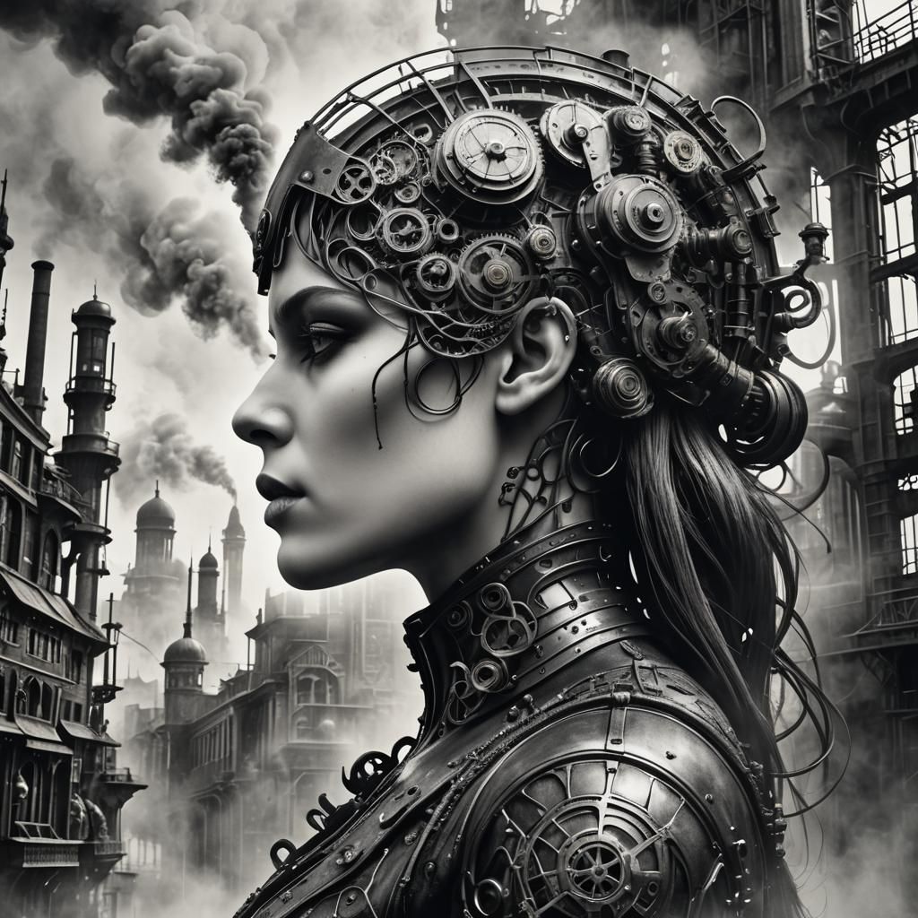 Moody Steam-Punk Cityscape with Intricately Detailed 3D Robo...