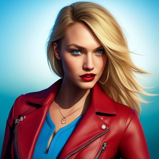 Hyperrealistic Woman in Red Leather Jacket, 3D Digital Art