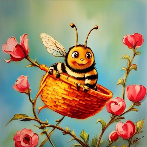 Friendly Bee on Crochet Flowers in 70s Style