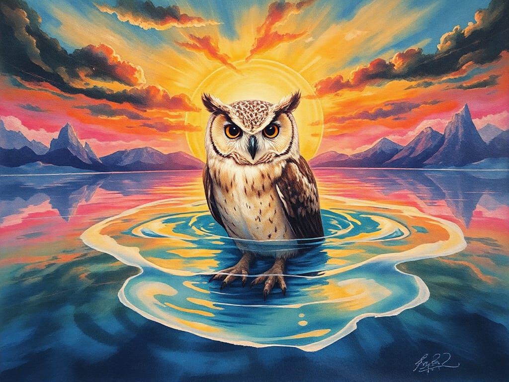 Sunset Owl in Alcohol Ink Painting