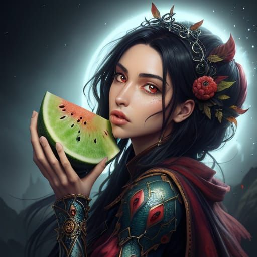 Fantasy Art: Girl Eating Watermelon with Glowing Eyes