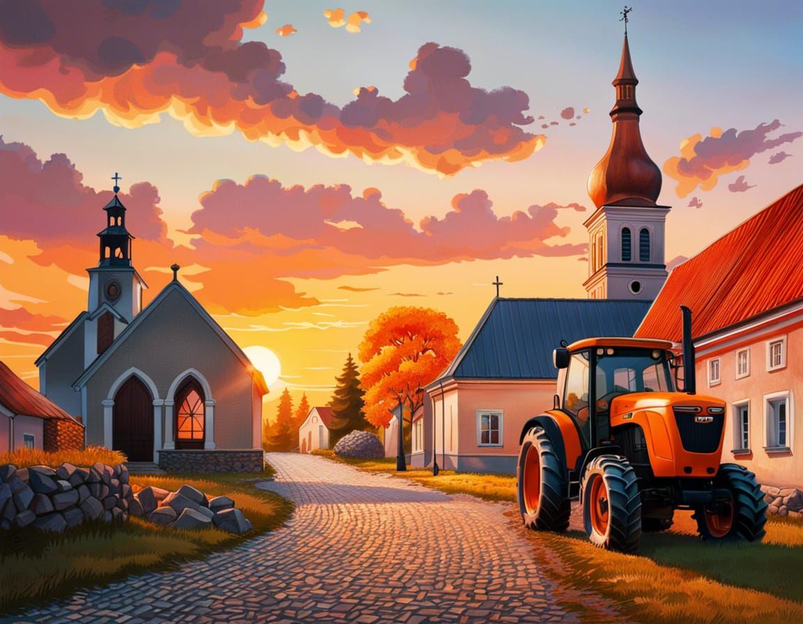 Estonian Village Sunset with Tractor