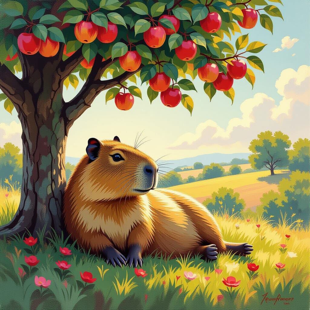 Loving Capybara Rests Under Apple Tree in Gouache Style