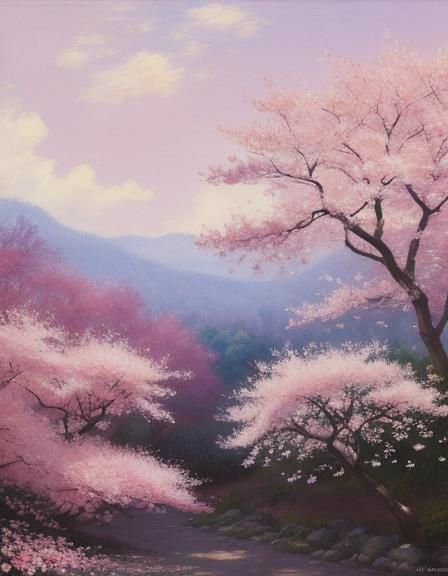 Cherry Blossom Tree in Impressionistic Watercolor