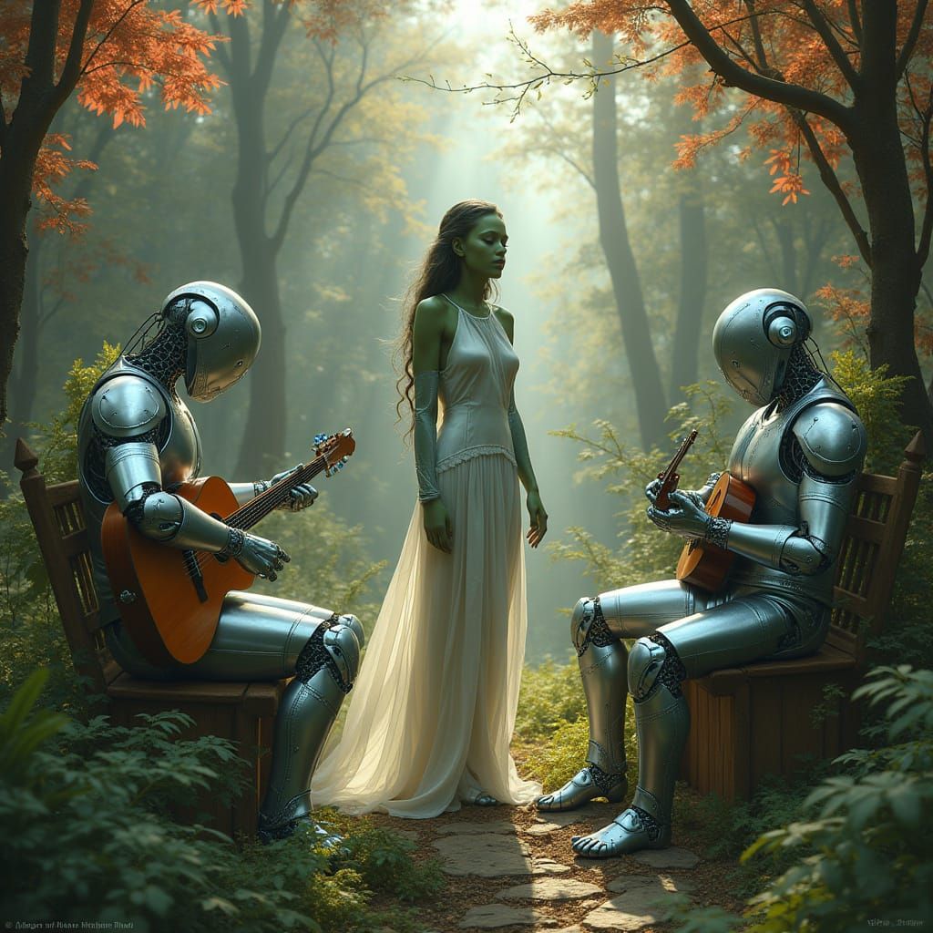 Faery Woman Listens to Robotic Musicians in Treetop Village