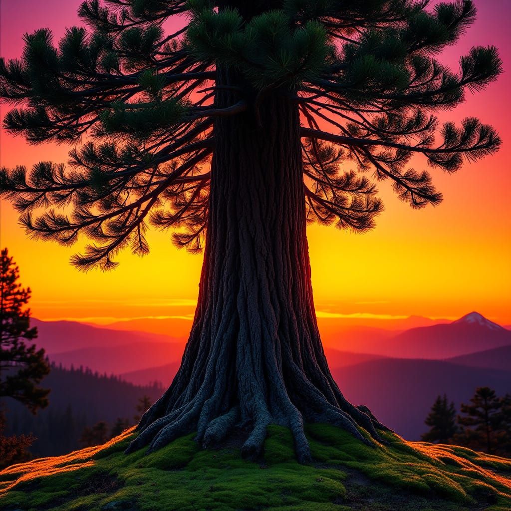 Majestic Spruce Tree Against a Vibrant Sunset