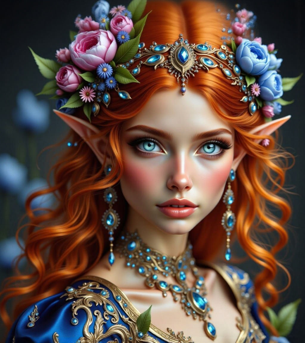 Fiery Red-Haired Elf Princess Adorned in Jewels and Flowers