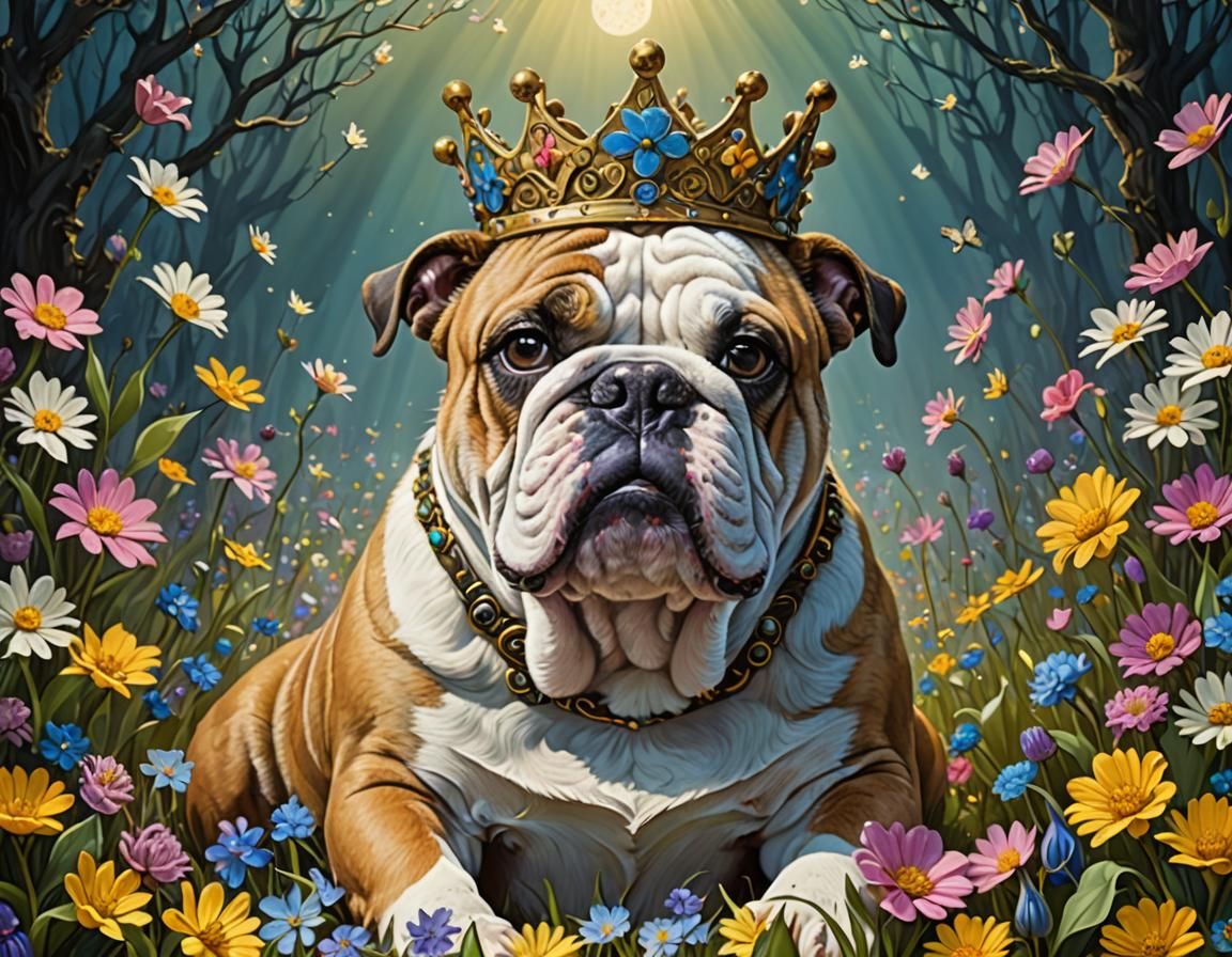Bulldog with Spring Flower Crown in Whimsical Style