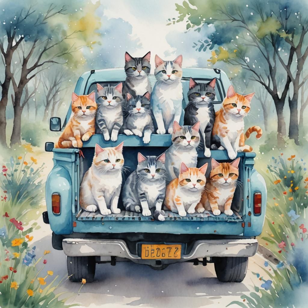 Watercolor Truck Overflowing with Funny Cats