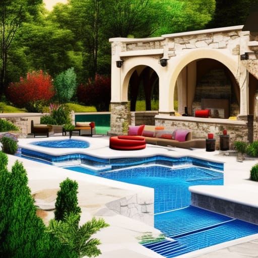 Colorful Outdoor Patio with Realistic Landscape