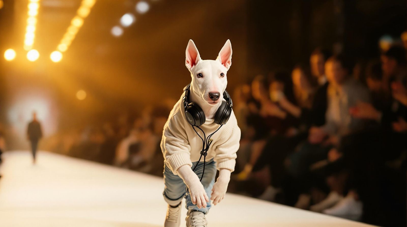Confident White Bull Terrier Struts Down Parisian Catwalk in...