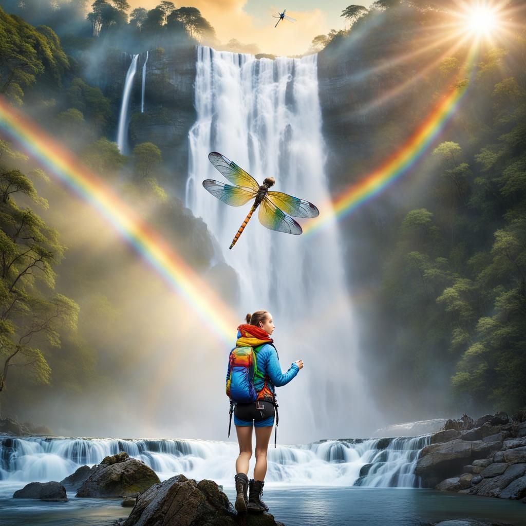Amazon Waterfall: Woman, Rainbow, and Dragonfly