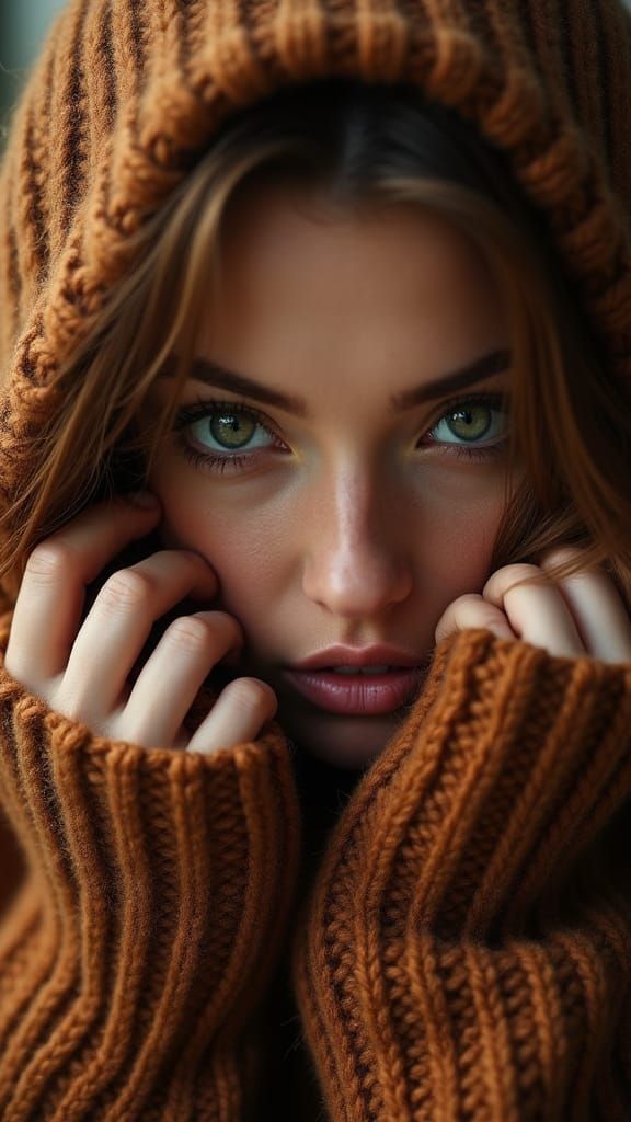 Hyperrealistic Portrait: Woman in Chunky Knit Sweater