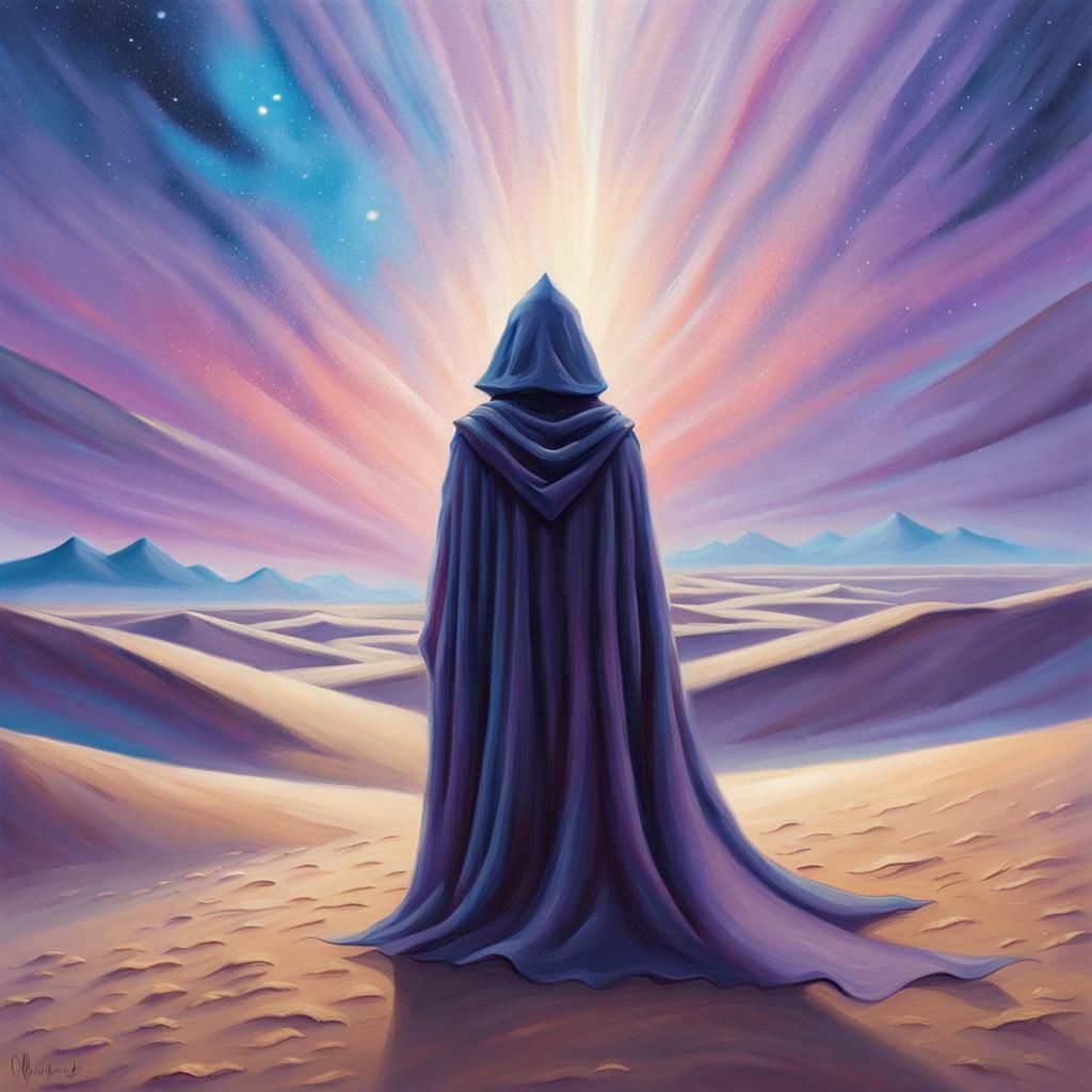 Cloaked Wanderer in Dreamy Desert Landscape