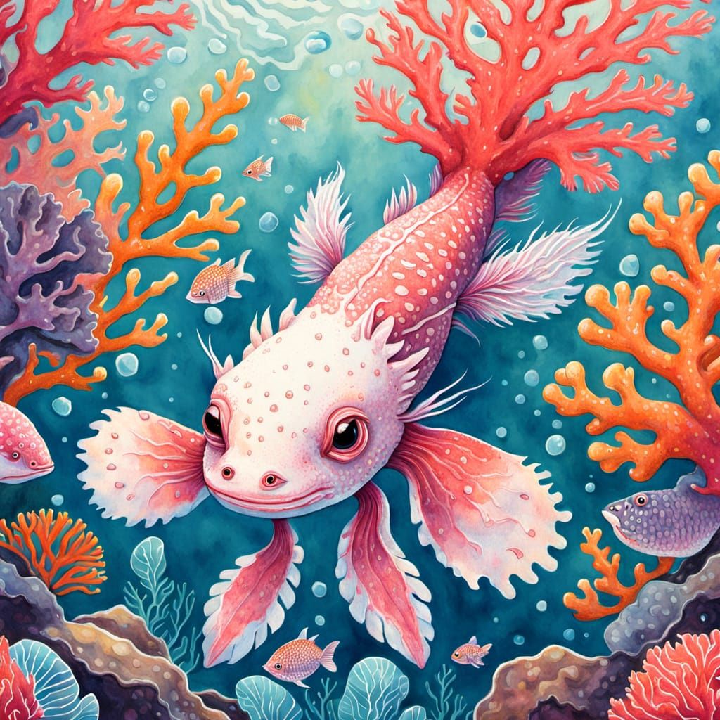 Whimsical Axolotl in a Vibrant Coral Reef