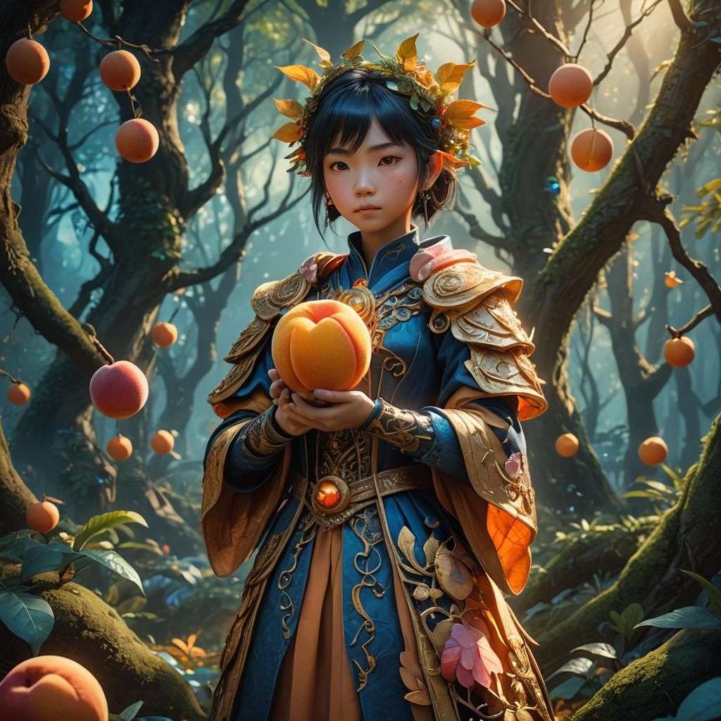Xiao in Mystical Forest with Peach Doll, Digital Art